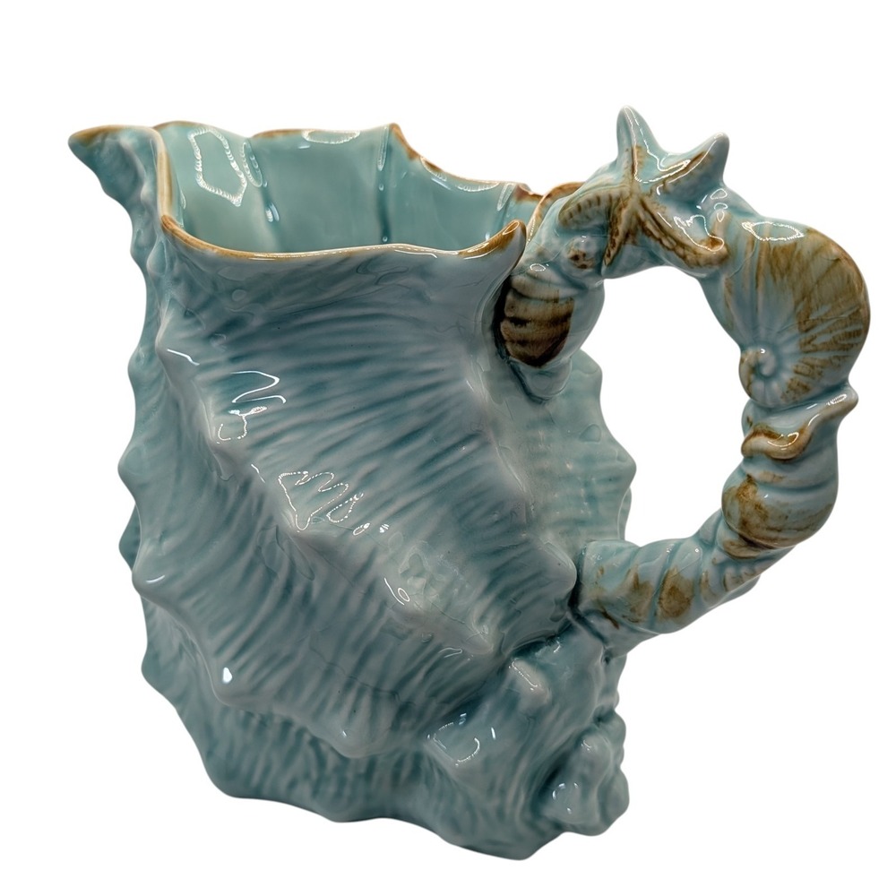 Blue Sky Conch Shell Pitcher Seawave Turquoise Blue Nautical Seven Inches Retro